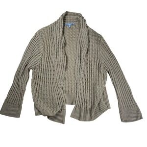 NY Collection Petite Cardigan‎ Womens MP Tan Open Front Knit Cable Knit